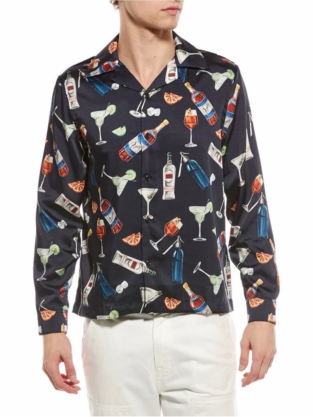 NWT $210 Reiss Tivoli Navy Bar Print Camp Collar Shirt Men's XL